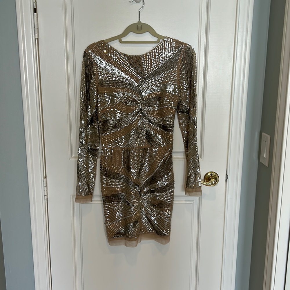 Beaded cocktail open back dress, perfect shape.